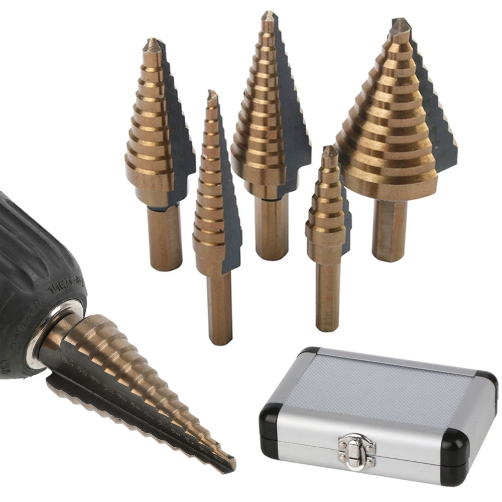 Step Drill Bit Set Titanium Hss Cobalt - Zestaw 5 szt. wierteł stopniowych HSS