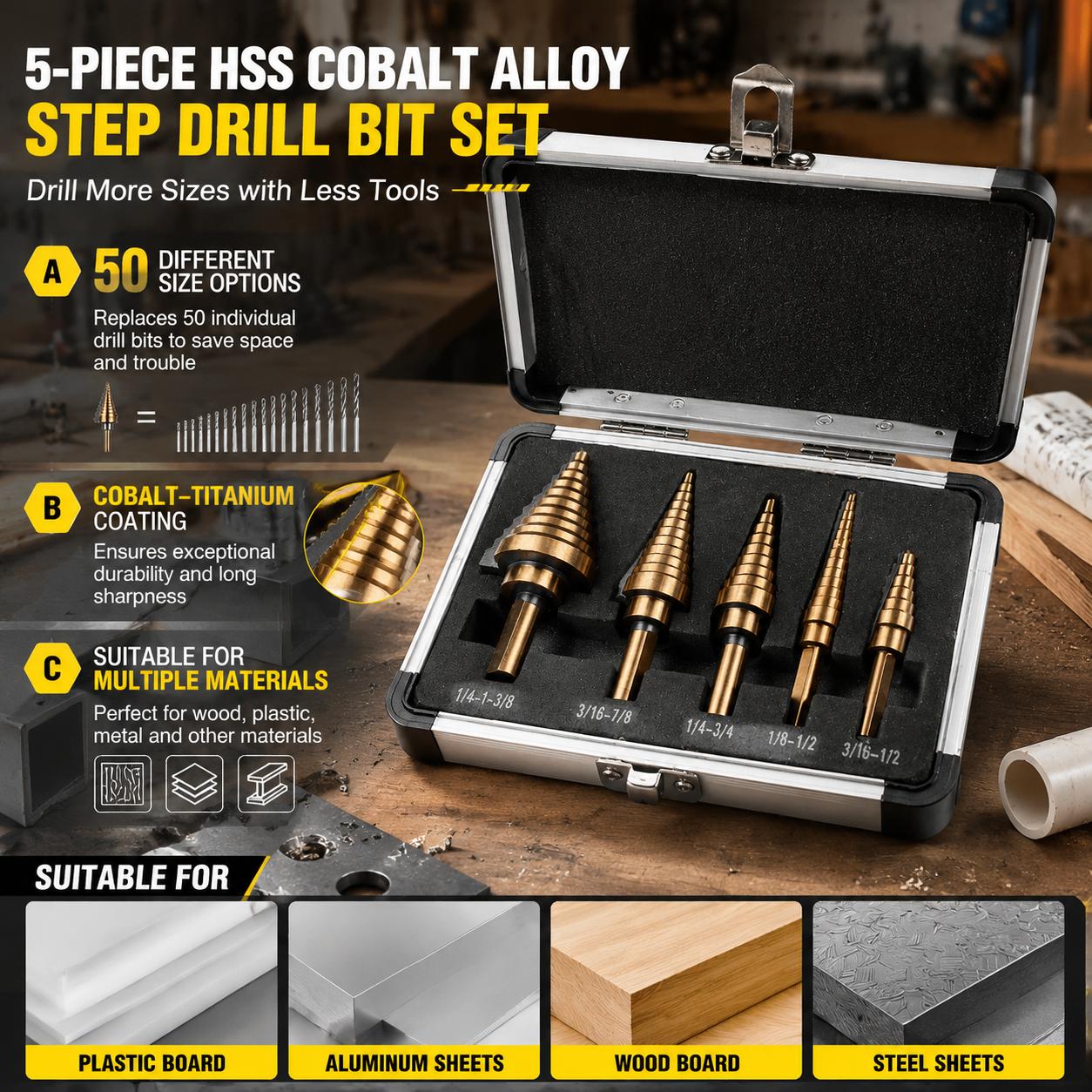 Zestaw 5 szt. stopniowych wier – Step Drill Bit Set Titanium Hss Cobalt recenzja i cena